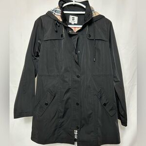Saphirose Women’s Size Medium Black Raincoat Plaid Lining Hooded Jacket